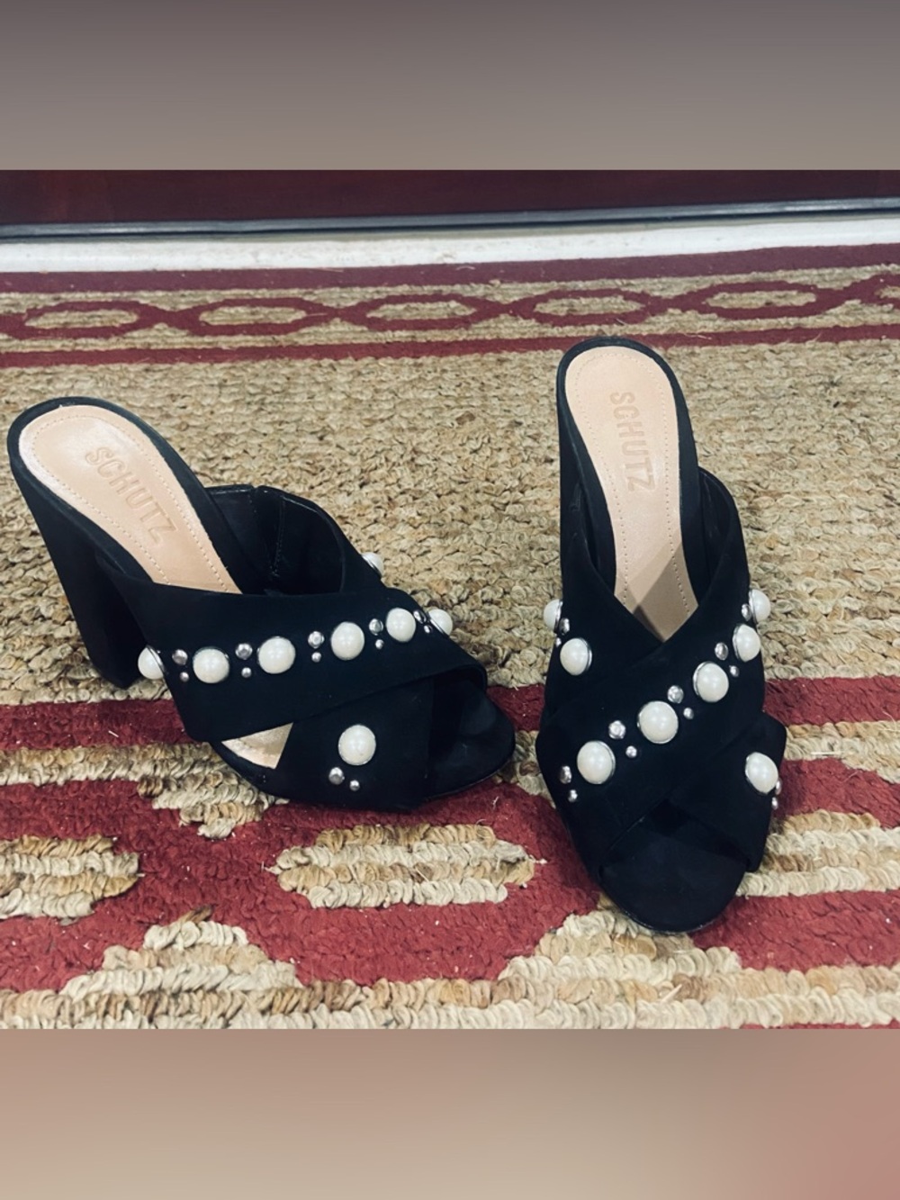 SCHUTZ Black Suede Pearl-Embellished Slip-On Mules